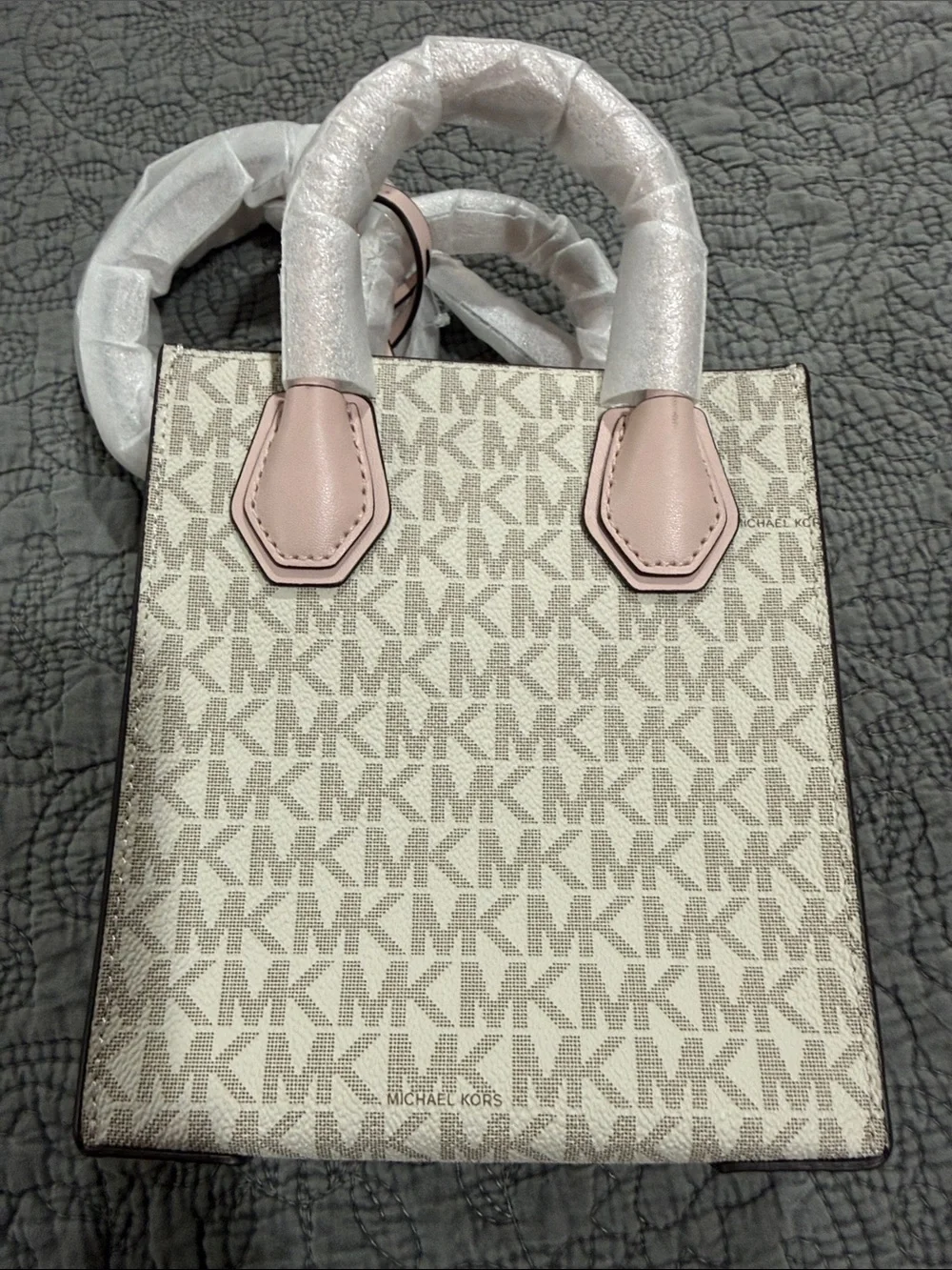 NWT Michael Kors Mercer Cream Monogram Mini Tote with Powdered Blush Trim